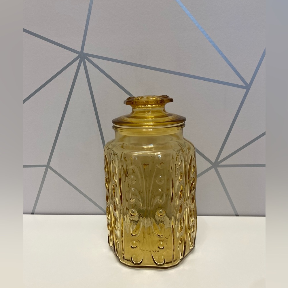L.E.Smith Gold Glass Canister Atterbury Scroll Pressed Glass Vintage 1970s - 9”